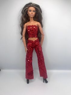 Dolls disco party wear with shoes.  Dolls trousers red sequin shiny sparkly suit Sparkly Suit, White Fur Coat, Gold Evening Dresses, Red Dolls, Trouser Suit, Pink Trousers, Doll Party, Party Kleidung, Red Sequin