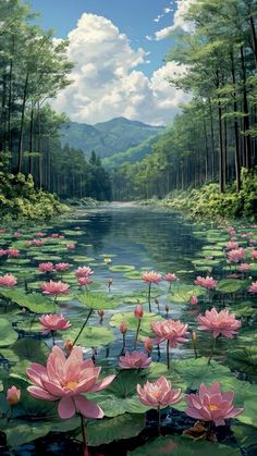 a painting of water lilies in the middle of a lake with mountains in the background