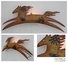 three pictures of an animal made out of wood and metal with designs on the body