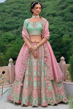 Mint and Rose Pink Embroidered Silk Designer Lehenga Set