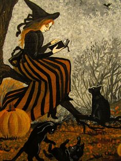 a painting of a woman sitting on top of a black cat next to a tree