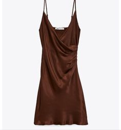 Surplice Neckline And Adjustable Spaghetti Straps, Ruching Detail At Side, Side Hidden Zip Pit To Pit 21" Length 37" 100% Viscose Satin Dress Brown, Brown Satin Dress, Zara Satin Dress, Stretchy Bodycon Dress, Zara Maxi Dress, Zara Black Dress, Top Manga, Camo Dress, Brown Satin