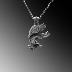 This expertly crafted Silver Eagle Pendant necklace casts a spell of captivation on all those who wear it! A bold piece for anyone who loves Mythical Jewelry . Buy for yourself or give it as a gift for that special someone in your life! ★Item Details ◆ Material : 925K Sterling Silver ◆ Pendant Height : 1.38 inch x 3.5 cm ◆ Pendant Weight : 13.12 Gram ( without chain ) ◆ Bail Height : 0.39 inch x 1 cm ◆ Bail With : Suitable for up to  0.19 inch x 5.00 mm Chain ◆ Rolo Chain Thickness : 0.078 inch x 2 mm ◆ Rolo Chain Weight : 18 Inches - (45cm) = 4.50 Gr 20 Inches - (50cm) = 5Gr 22 Inches - (55cm) = 5.50 Gr 24 Inches - (60cm) = 6.05 Gr 26 Inches - (65cm) = 6.60 Gr 28 Inches - (70cm) = 7.12 Gr ◆ Foxtail Chain Thickness : 0.078 inch x 2 mm ◆ Foxtail Large Chain Weight :  28 Inches - (70cm) : 8. Silver Pendants For Men, Mythical Jewelry, Handmade Gift For Him, Handmade Gifts For Him, Eagle Pendant, Eagle Necklace, Mens Necklace Pendant, American Bald Eagle, Pendant For Men