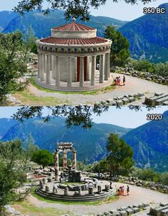 two pictures showing different views of an ancient building and the same one with people standing around it