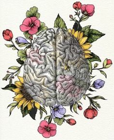 a drawing of a brain surrounded by flowers