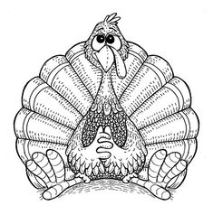 a black and white drawing of a turkey with big eyes on it's head