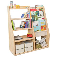 a wooden shelf with books and toys on it