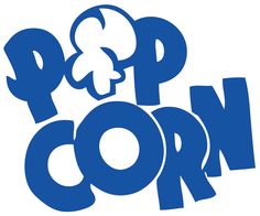 the word pop corn in blue and white with an image of a clover on it