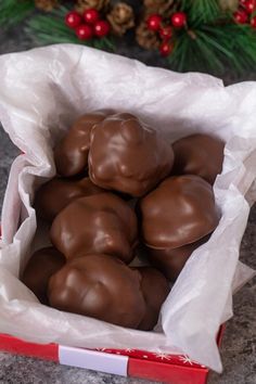 chocolate candies in a red box on a table