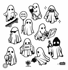 various ghost stickers are shown in this black and white drawing set, including one with a