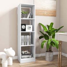 a potted plant sitting on top of a wooden floor next to a book shelf