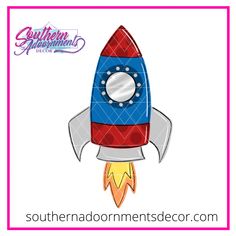 a blue, red and white rocket ship with the words southern adventures on it