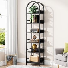 a living room with a couch and a book shelf