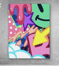 an abstract painting on a wall with graffiti and stars in the background, including pink, blue