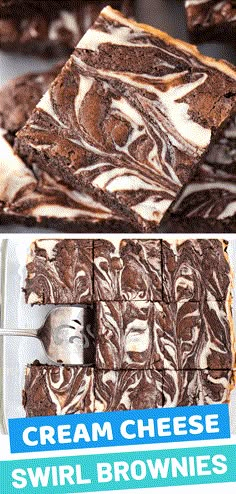 two pictures of brownies with cream cheese on top and swirl brownies in the bottom