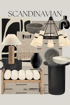 the cover of scandinavian furniture and lighting book, featuring black and white items on display