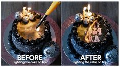 two pictures of a birthday cake with candles on it and the words before and after