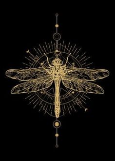 a golden dragonfly on black background with circles and dots in the middle, surrounded by lines