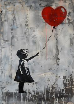 a painting of a girl holding a red heart balloon