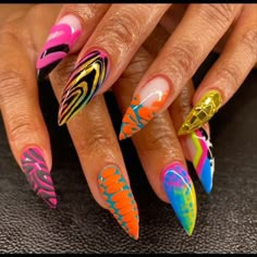 Studio SIXTY12 -Myia Mitchell (@studiosixty12) • Instagram photos and videos Pink Orange And Purple Nails, Pedi Inspiration, Fierce Nails, Spirit Fingers, Neon Acrylic Nails, Colors Nails, Nails Colorful, Abstract Nails