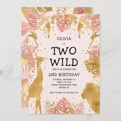 a pink and gold wild one birthday party card