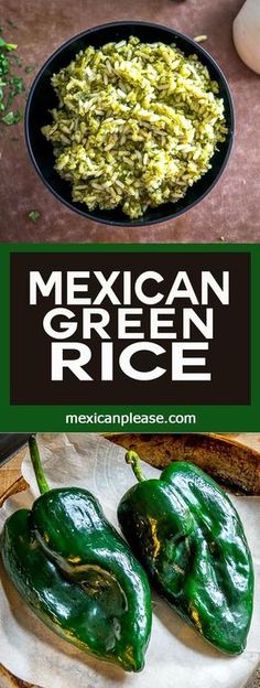 mexican green rice in a black bowl and on a white plate next to some vegetables