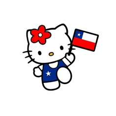 a hello kitty holding a texas flag in one hand and an american flag in the other