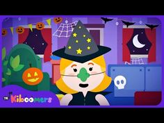 a cartoon girl wearing a witch hat in a room with pumpkins and decorations on the walls