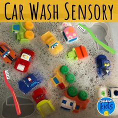 a close up of toys in a bathtub with text overlay that reads car wash sensory