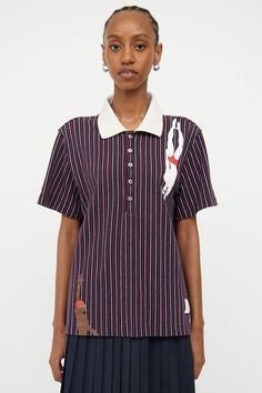 Thom Browne Navy Multi Colour Swimmer Polo Top Care Label, Thom Browne, Short Sleeve Polo, Collar Shirts, Model Measurements, Patch Logo, Made In Japan, High & Low, High Low