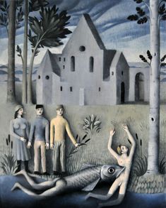 a painting with people standing in front of a house