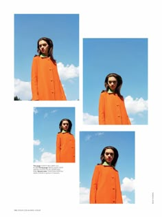 four different shots of a woman in an orange coat and green collared shirt, with clouds in the background