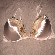 Soft Pink Satin With Tan Lace Trim. Lightly Padded. 34b. Never Worn Elegant Fitted Gold Bra, Pink Satin, Lace Bra, Victoria Secret, Soft Pink, Women's Intimates, Victoria’s Secret, Lace Trim, Pink Ladies