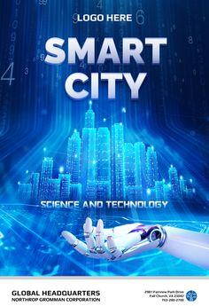 an advertisement for the smart city conference and technology exhibition, with a robot in front of it