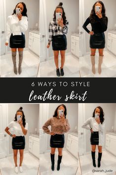 Leather Skirt Shoes Outfit, Leather Skirt Business Casual, High Waisted Leather Skirt Outfit, Leather Skirt And Bodysuit Outfit, Leather Mini Skirt Outfit Work, Black Leather Skirt Casual Outfit, Black Leather Miniskirt Outfit, Fitted Black Skirt Outfit