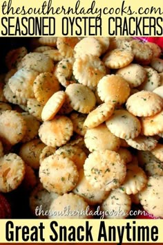 some crackers are sitting in a bowl with the words great snack anytime