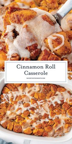 cinnamon roll casserole in a white dish with the title overlaying it