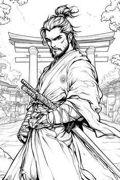 Immerse yourself in the world of ancient Japan with this detailed coloring page featuring a powerful Shogun warrior. Dressed in traditional armor, he stands confidently before a grand torii gate, with his hand on the hilt of his sword, ready to defend his honor. The intricate lines and bold expression capture the essence of a true leader and warrior. Perfect for history enthusiasts or anyone who admires the art of the samurai. Let your creativity flow as you bring this legendary figure to life with your favorite colors. Anime Line Art, Ancient Japan, Torii Gate, Detailed Coloring Pages, Tattoo Design Book, Japanese Woodblock Printing