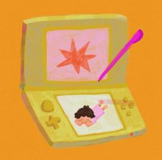 a drawing of a child's face on the screen of an old gameboy