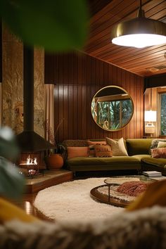 a living room filled with furniture and a fire place in the middle of the room