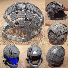 several different views of a helmet made out of legos on the floor and in front of it