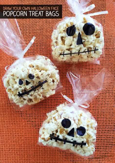 three rice krispy treats decorated to look like skeletons