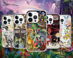 four phone cases with dinosaurs and tropical scenes on them in front of a colorful background