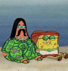 spongebob is sitting in the sand next to a bag