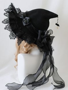 Demon Wings Bowknots Lace Trim Goth Witch Hat 4 Color Options Witch Accessories Costume, Custom Witch Hat, Witch’s Hat, Sew Witch Hat, Witches Hats Decorations, Witch Costumes For Women Diy, Cute Witch Hats, Goth Diy Clothes, Modern Witch Hat