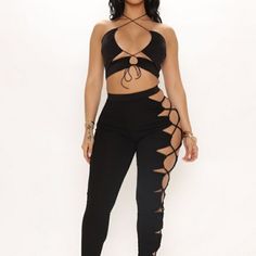 Black Sexy Leggings Stretchy Cut Out Design On One Side Fitted Black Bottoms For Club, Black Stretch Pants For Club, Tight Black Leggings For Club, Trendy Black Leggings For Club, Black Tight Pants For Club, Edgy Thigh-high Leggings For Night Out, Edgy Stretch Leggings For Night Out, Trendy Black Leggings For Going Out, Cut Out Leggings