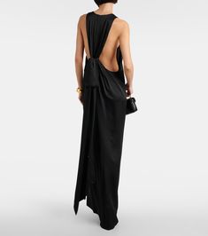 Draped satin crêpe gown in black - Saint Laurent | Mytheresa Saint Laurent Gown, Bold Gold Jewelry, Alexander Mcqueen Clothing, Drape Gowns, Crepe Gown, Designer Drapes, Satin Gown, Maxi Dress Evening, Summer Accessories