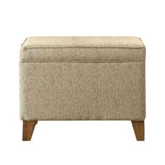 a beige ottoman with wooden legs and an upholstered cushion on the bottom side