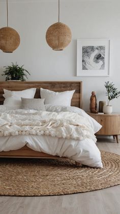 a bed with white linens and pillows in a large room next to two hanging plants