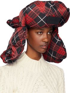 Padded taffeta aviator hat in black and red. Printed tartan pattern and structural wire throughout. · Silicone logo patch at face · Press-stud fastening at brim · Ear flaps · Adjustable and detachable press-stud chin strap · Bungee-style drawstring at grosgrain browband · Quilted twill lining Part of the Très Gaultier collection. Supplier color: Red/Black/White Aviator Hat, Tartan Pattern, Paul Gaultier, Black Nylon, Black Nylons, Jean Paul, Jean Paul Gaultier, Patch Logo, Tartan